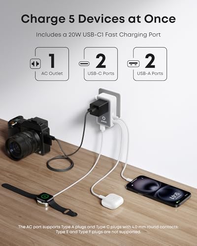 Anker Nano European Travel Plug Adapter, 5-Port Fordable Travel Adapter with 1AC 2USB-A 2USB-C Ports,Temperature Control, Essentials for Over 200 Countries, Ideal for Travel (1-Pac image 8