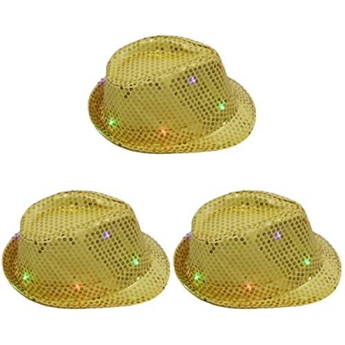 Bestoyard 3 Pieces Led Fedora Hat Led Light Up Fedora Hat Led Luminous Jazz Hat Sequin Fedora Hat Dress Up Fedora Golden #TOP27