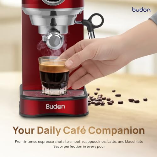 Image of Budan Bolt Espresso Coffee Machine | 19 Bar Pressure Indicator | Milk Frother Wand for Cappuccino, Latte | 1450W Quick Heating | Stainless Steel | Glossy Red | 1-Year Home Use Warranty