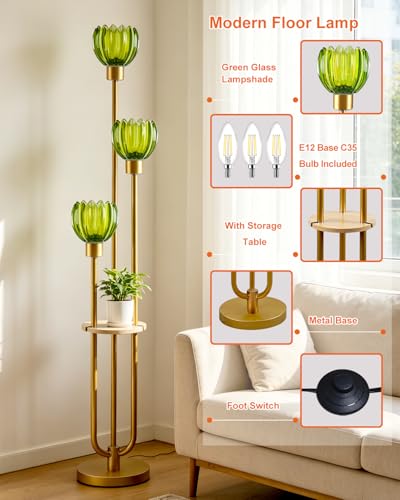 Image of Lightdot 3-Lights Glass Floor Lamp for Living Room Modern Gold Floor Lamps with Lotus Green Glass Shade& Bulbs Included for Wedding /Party Tall Standing Lamp for Bedroom /Sofa Beside /Corner Decor