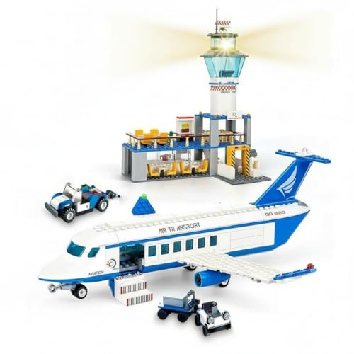 Image of SKY LINE OCEAN || City Airplane Building Kit || 518 +pcs || Airport Passenger Plane with|| led Lights in Radar Tower|| & Baggage Truck || (2 Year Structural Warranty)