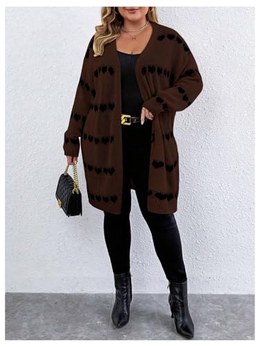 Image of MakeMeChic Women's Plus Size Long Cadigan Sweaters Casual Open Front Kint Lightweight Cadigan Heart Long Sleeve Outerwear