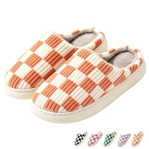 Image of Checkered Slippers for Women and Men - Fuzzy House Slippers with Memory Foam, Comfy Plush Fluffy Indoor House Shoes, Cozy Warm Slip on Bedroom Slippers with Non-Slip Sole