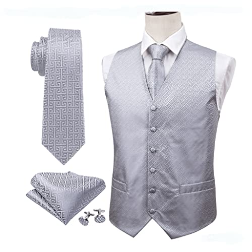Silver Silk Vests Men Formal Suit Waistcoat For Tuxedo Pattern Ties Handkerchief Cufflinks Set Vest