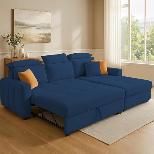Image of Casaliving Gagnon RHS 4 Seater L Shape Corner Sofa Cum Bed for Living Room (Blue Fabric) Premium Fabric Sofa Cum Bed