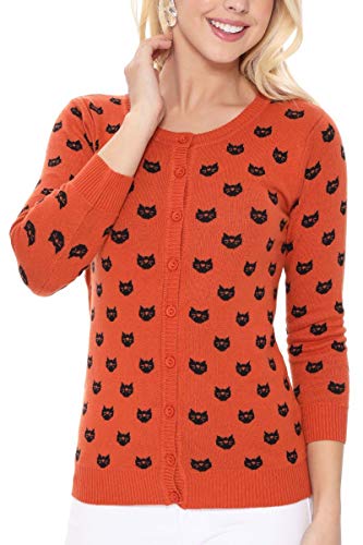 YEMAK Women's Knit Cardigan Sweater – 3/4 Sleeve Button Down Crewneck Cute Cat Dog Pattern Casual Lightweight Knitted Top3