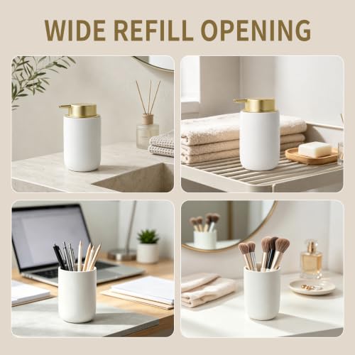 Image of BosilunLife Lotion Pump Dispenser for Bathroom, Kitchen, Countertop | Hand Soap Dispenser Bathroom Ceramic Dish Liquid Soap Dispenser (White with Gold, Liquid Pump)