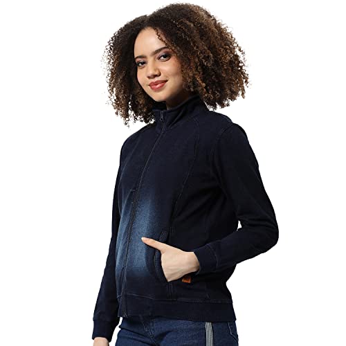 Image of Campus Sutra Women Dark-Washed Blue Denim Regular Fit Zipper Sweatshirt For Winter Wear | Full Sleeve | Cotton Sweatshirt | Casual Sweatshirt For Woman | Western Stylish Sweatshirt For Women