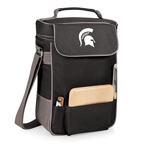 PICNIC TIME NCAA Michigan State Spartans Duet Wine and Cheese Tote, Insulated Wine Carrier Bag with Cheese Board, (Black with Gray Accents)