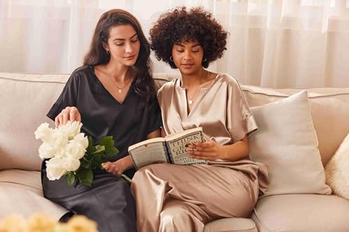 Image of Ekouaer Satin Pajama Set Womens Silk Short Sleeve V Neck Shirt with Long Pant Soft Loungewear Pjs Set