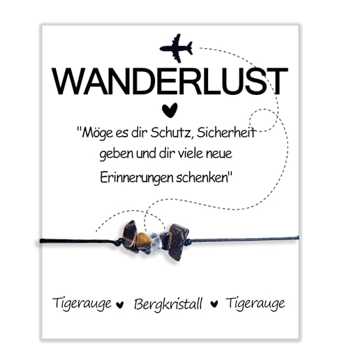 Weltreisende Grußkarte Reisearmband | Geschenk | Edelstein | Schutzstein | Tigerauge | Bergkristall | Schutzarmband Glücksbringer Reise Damen Geflochten Abschied Reise Geschenk für Freunde Familie