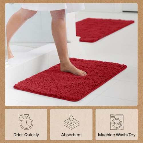 Image of Gorilla Grip Luxury Chenille Bathroom Rug Mat, 60x24, Extra Soft and Absorbent Shaggy Rugs, Machine Wash Dry, Perfect Plush Carpet Mats for Tub, Shower, and Bath Room, Red