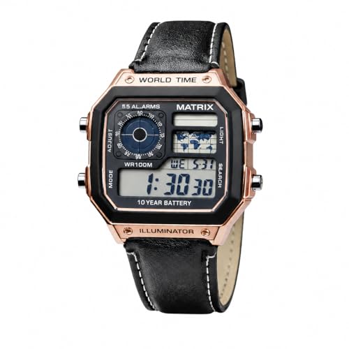 Image of Matrix Illuminator Leather Strap Digital Watch with Alarm, Stopwatch, World Time | for Men & Women