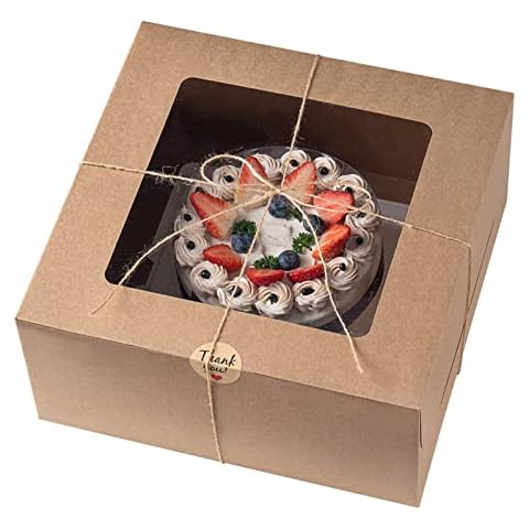 ZYOOO 10 Pieces 10 inch Kraft Window Cake Box Bakery Boxes with 20m Hemp rope and Thank You Gift Tags (26 x 26 x 13cm) Cover