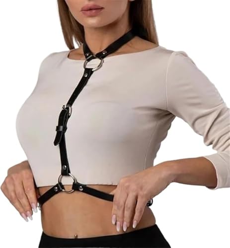 Black Leather Chest Harness Vest Gothic Body Waist Belt Chain Bra Punk Harajuku Straps Rave Dress Party Accessory for Women Girls4