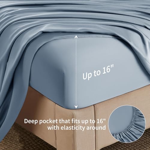 Image of Shilucheng 6 Piece Queen Sheet Sets, Cooling Sheets, Blend Rayon Derived from Bamboo, Deep Pocket Up to 16 inch, Breathable & Soft Bed Sheets, Hotel Silky Bedding Set, French Blue
