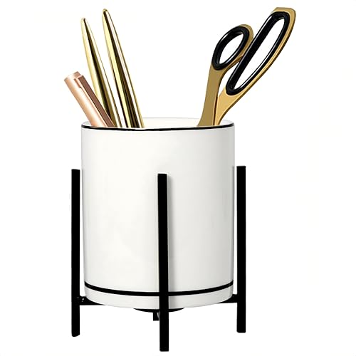 MONOSUGO Ceramic Pencil Cup for Desk, White and Black Pen