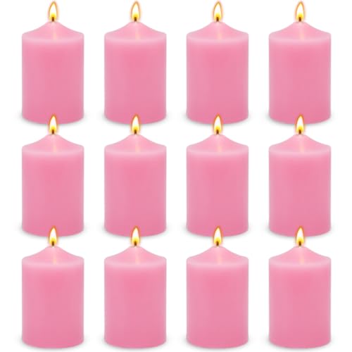 12 Pack 2x3 Inch Pink Pillar Candles 22 Hours Dripless Smokeless Unscented Candles for Home Weddings Restaurant Spa Church and Emergency