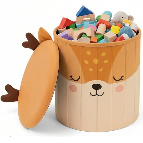 Home Kids World Spielzeugkiste Reh - Aufbewahrungsbox mit Deckel Kinder, Spielzeugkiste mit Deckel, Spielzeugtruhe & Aufbewahrungsbox Kinderzimmer als Sitzhocker