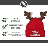 tshirtladen TEAM GLÜHWEIN Wintermütze S/M mit Rentiergeweih – rote Strickhaube bestickt – witzige Weihnachtskopfbedeckung für kleine Köpfe oder engen Sitz