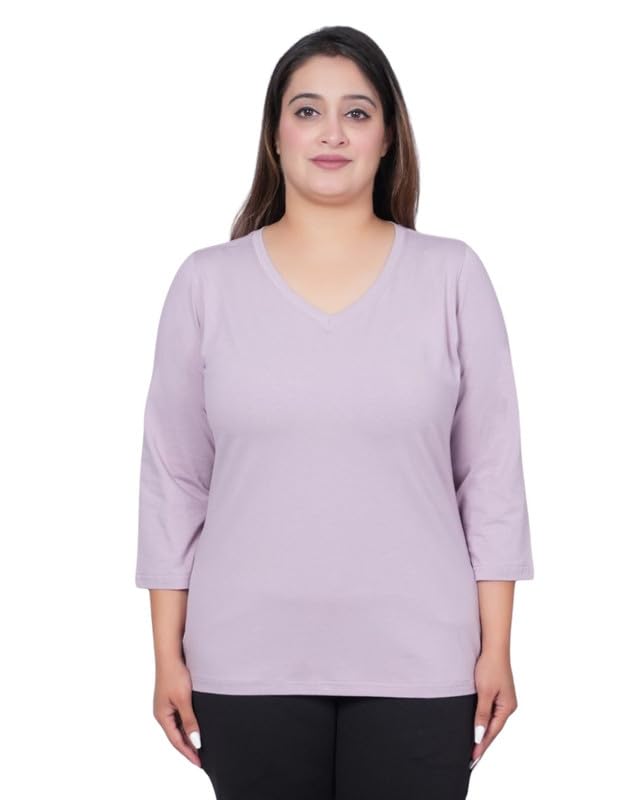 Image of Mlada V-Neck Cotton 3 /4th Sleeves Tshirt for Women | Stretchable Regualr Fit Solid Cotton Tshirts | Casual 3 /4th Sleeves Tshirts for Women Office Wear | Solid Round Neck Tshirt