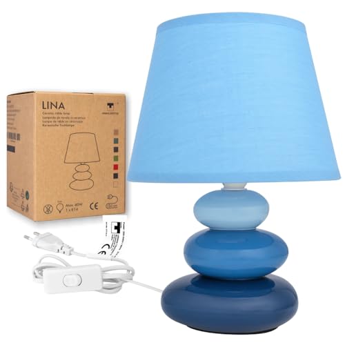 Urban Lifestyle Lampada da Comodino Lina(Blu) Lampada da Tavolo in Ceramica con Paralume in Tessuto, LED Adatto, E14, Lampada da Tavolo in Ceramica 230V, Lampada da Comodino