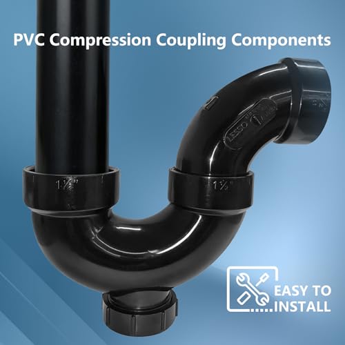 Image of Lesso 1-1 /2 Inch ABS P-Trap - HUB x HUB Connection with Union & Cleanout Plug, Black, Leak-Proof Sink Drain Trap for Kitchen /Bathroom Plumbing