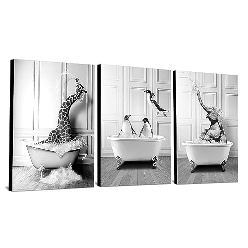 WADBTP Badezimmer Bilder,Schwarz Weiß Bilde,Lustige Tier in der Badewanne Leinwand Bilder für Wohnzimmer Badezimmer Schlafzimmer Dekor-Rahmenlos (3pcs-DW2,3pcs-50x70cm)