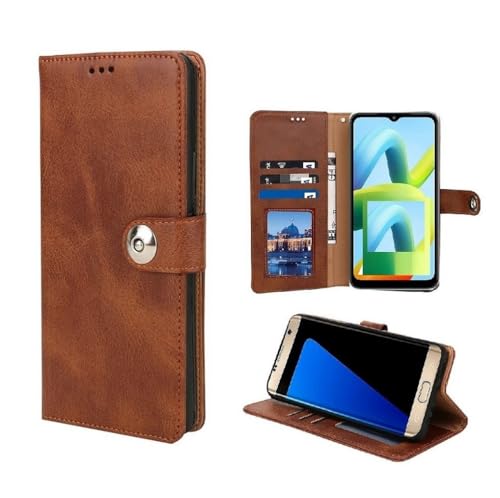 Image of Genuine Leather Inside Back TPU Wallet Button | Magnetic Stand Dual Layer Flip Cover for Compatible Model with Oppo CPH2733 / A5x 5G - Brown