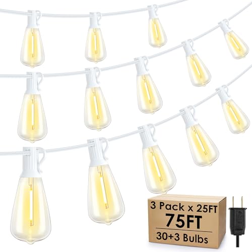Larkvue 75FT(3x25FT) Outdoor String Lights, Patio Lights with 30+3 LED Dimmable Waterproof Connectable ST38 Bulbs for Gazebo Backyard Christmas, White