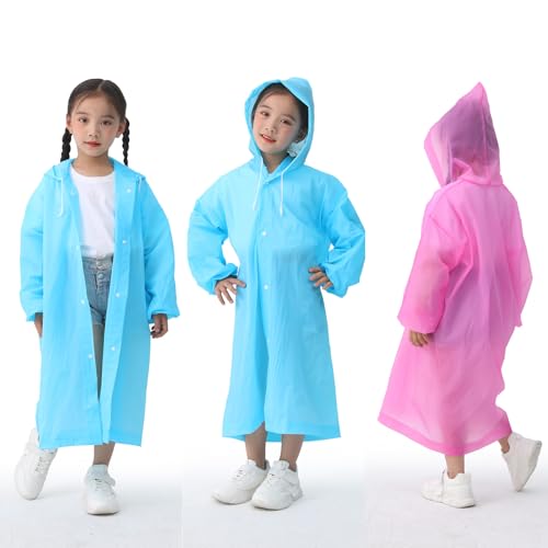 OFFITECTURE 2-Pack Reusable Rain Ponchos for kids - Hooded Raincoats for Boys Girls (Blue+Pink)4