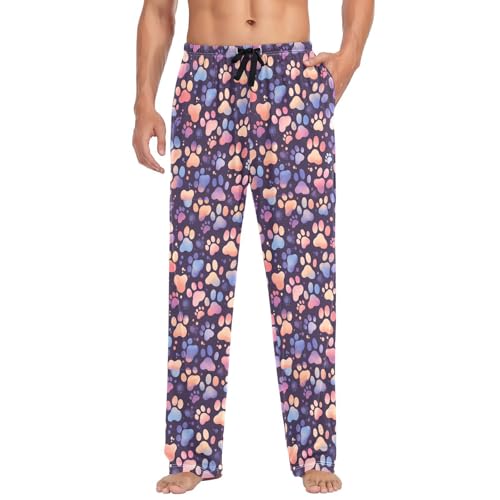 Men's Colorful Cat Paw Pajama Pants with Pockets - Straight Fit Cotton Sleep Bottoms for Lounge & Nightwear#817