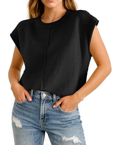 COSSEN Womens Summer Cap Sleeve Tops Trendy Casual Crew Neck Knit Lightweight Sweater Pullover Top