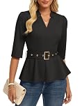GRACE KARIN Women's 3/4 Sleeve Wrap Blouses Casual V Neck Peplum Shirts Dressy Business Work Tops with Belt Black