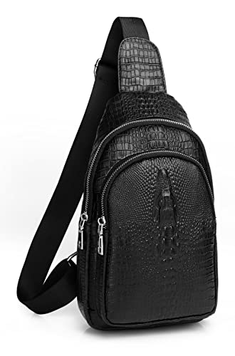 Handmade Genuine Leather Crossbody Sling Bag for Men Waterproof Crocodile Embossing Shoulder Chest Day Pack Backpacks