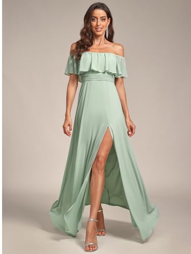 Image of Ever-Pretty Women's Summer Off The Shoulder Flowy Chiffon Formal Wedding Guest Dresses Maxi Side Split Beach Bridesmaid Dress