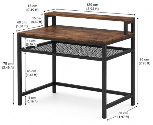 Image of Study Table | Computer Desk with Monitor Stand | Industrial Simple Study Writing Desk with Mesh Storage Shelf for Home Office | Rustic Brown | 120x55x90 cm