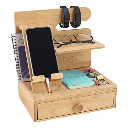 TQVAI Bamboo Desktop Phone Docking Station with Drawer Home & Office Wallet Stand Glasses Holder Watch Organizer for Men, Husband, Daddy Gift, Original TQVAI Bamboo Desktop Phone Docking Station with Drawer Home & Office Wallet Stand Glasses Holder Watch Organizer for Men, Husband, Daddy Gift, Original