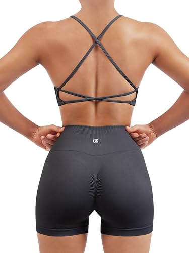 Image of SUUKSESS Women Seamless Workout Sets Strappy Sports Bra High Waist Booty Shorts Outfits