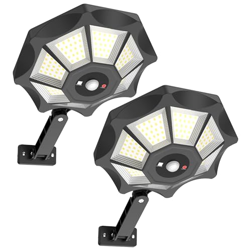 Kifflux Solar Lights Outdoor Waterproof, 8 Sides Solar Street Lights Outdoor Dusk to Dawn, 168LED Powered Flood Light with Motion Sensor, IP66 Waterproof Security Light for Outside Parking lot, 2 Pack