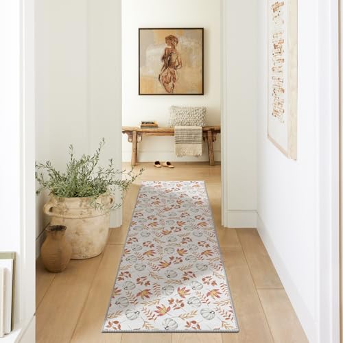 Artoid Mode Orange Pumpkins Maple Leaves Fall Area Rug, Autumn Thanksgiving Home Decor Low-Profile Non-Slip Washable Runner Rug for Entryway Bedroom Living Room Laundry Room Indoor 2x6 Feet