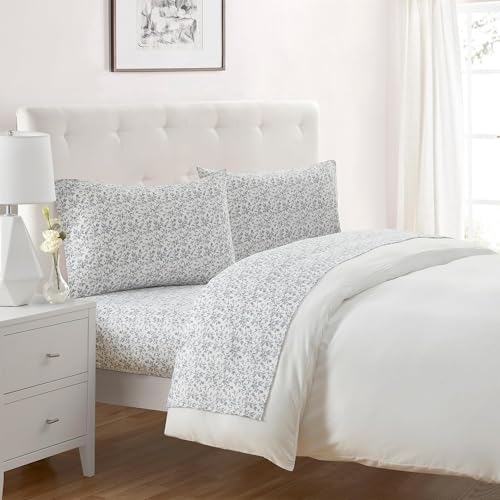Image of Tahari Home - Twin Sheets, 3-Piece Cotton Flannel Bedding with Matching Pillowcase, Brushed for Extra Softness, Cozy Home Decor (Flora Gray, Twin)