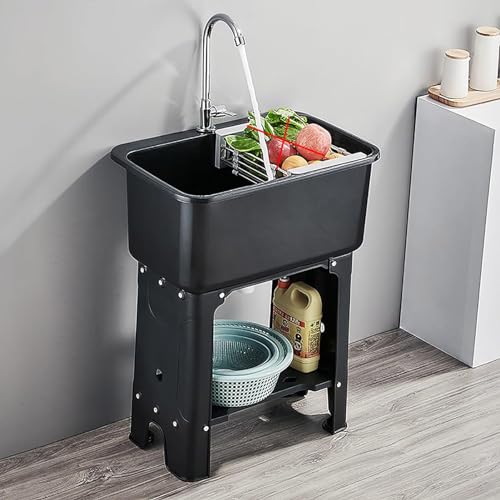 Lavandino per Lavanderia per Lavanderia, Lavandino per Lavanderia Indipendente in Plastica con Asse per Lavare e Rubinetto, Lavabo per Giardino in Camera,Nero,60cm