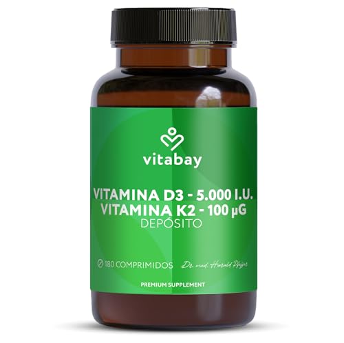 Vitabay Vitamina D3 + K2 Depot – 180 comprimidos veganos – alta dosificación – 5000 UI vitamina D3 con K2 MK7 all-trans – sin aditivos – vegano y probado en Alemania – reserva 18 meses