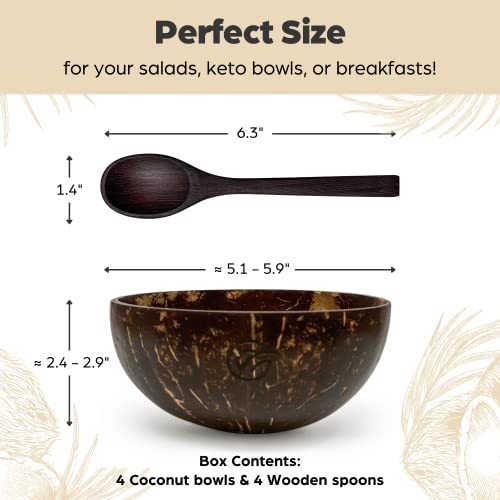 Purpleclay Coconut Bowls And Wooden Spoons Set Of 4 – Natural, Hand-Crafted, Vegan-Friendly, Salad, Smoothie Or Buddha Bowl And Kitchen Utensils (4 Polished Bowls & Spoons) #TOP4