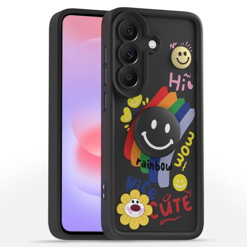 Image of Pikkme Back Cover for Samsung Galaxy A37 5G | Soft Silicone| Cute Rainbow Smile & 3D Cartoon Flower Design | Shockproof Raised Camera Protection Bumper Case (Black)
