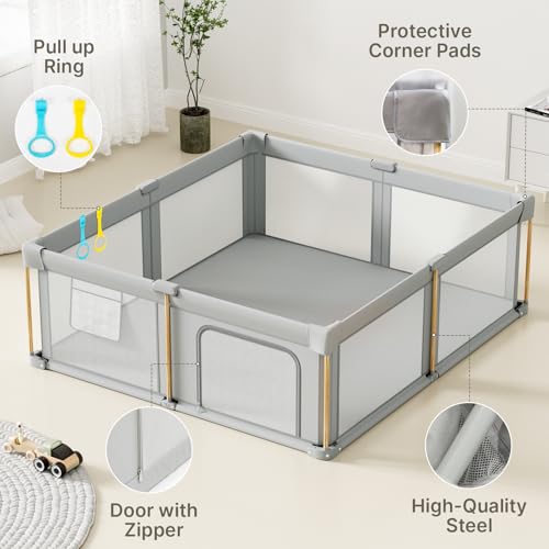 Foldable Baby Playpen with Mat, 79x71 Foldable Play Pen for Babies and Toddlers, Baby Playpen with Portable Design, Collapsible Play Yard for Fence Indoor and Outdoor