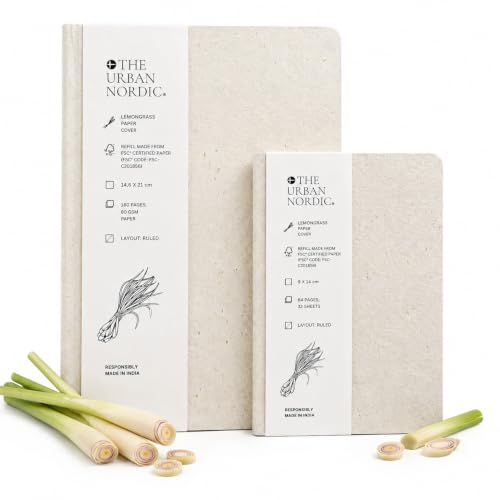 Image of Lemongrass Paper Notebook Set of 2 - A5 Hardbound Journal 160 Ruled Pages + A6 Pocket Notebook 64 Ruled Pages, FSC Certified Recycled Paper, Eco Friendly Diary Set for Work, Study & Gifting