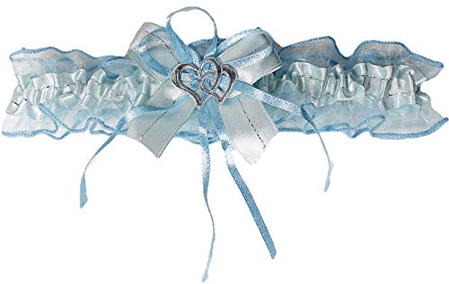 Süßer Braut Strumpfband mit 2 Herzchen Schleifchen, Silbernaht, viele Muster Hochzeit Neu Strumpfbänder Brautstrumpfband (Hellblau, bis 60 cm)