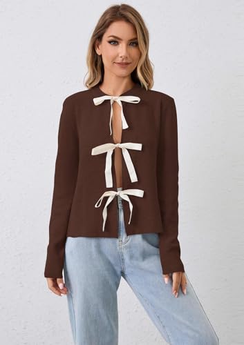 Image of calbatic Women Long Sleeve Bow Tie Front Cardigan Sweater Open Front Knit Pullover Tops Casual 2024 Fall Winter Brown
